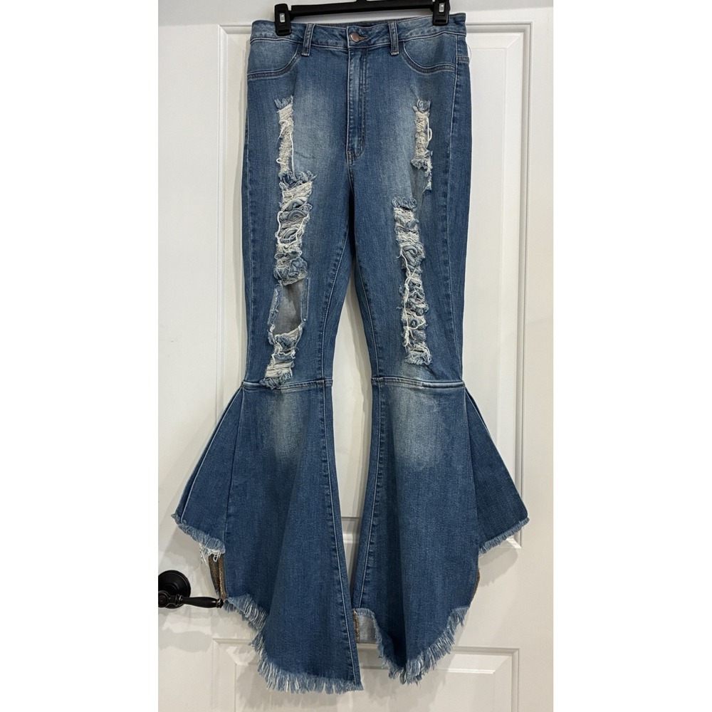 Akira Y2K Distressed Bell Bottom Flare Jeans Size 30x33 Blue Frayed Hem Boho 70s